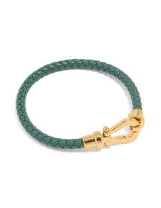 Waterproof Gold Plated Stainless Steel Turquoise PU Leather Braided Chunky Link Bracelet