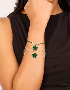 Green: Gold Tennis & Cord Flower Bracelets 3-Pack
