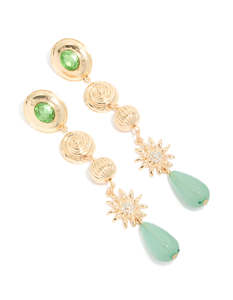 Green: Gold Swirl & Green Diamante Drop Earrings