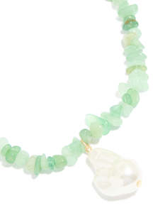 Green: Gold Green Semi Precious Chip & Molten Pearl Necklace