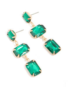 Green: Gold Green Diamante Rectangles Drop Earrings