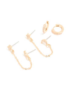 Gold Cubic Zirconia Celestial Chain Double & Huggie Earrings Pack