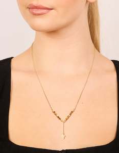 Sterling Silver Necklaces: Gold Plated Sterling Silver Tigers Eye Semi Precious Stone Cross Y-Necklace