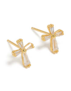 Gold Plated Sterling Silver Cubic Zirconia Cross Stud Earrings