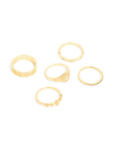 Gold Plated Diamante Gothic & Star Rings 5-Pack