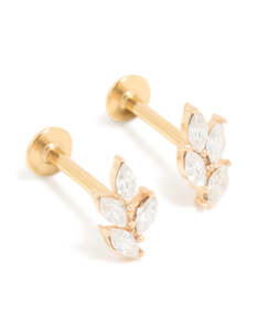 Gold Plated Surgical Steel Cubic Zirconia Mini Leaf Flat Back Earrings