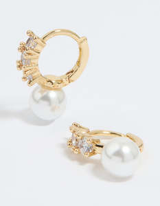 Gold Plated Cubic Zirconia Pearl Drop Huggie Earrings