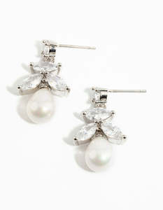 Pearl Earrings: Silver Cubic Zirconia Leaf & Pearl Drop Earrings