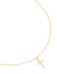 Gold Plated Cubic Zirconia Baguette Cross Necklace