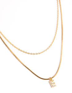 Gold Necklaces: Gold Plated Diamante Letter E Layered Necklace