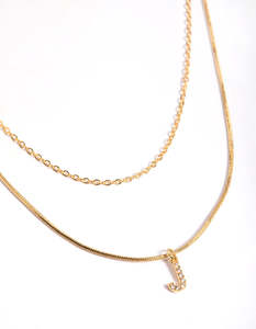 Gold Plated Diamante Letter J Layered Necklace