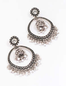 White: Antique Silver Beaded Ball Drop Earrings