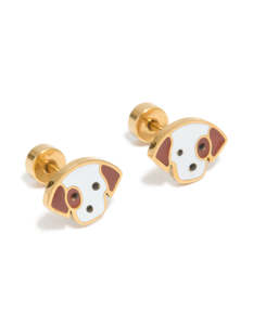 White: Kids Gold Plated Surgical Steel Enamel Cute Dog Flat Back Studs