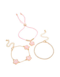 Neutrals: Gold Cubic Zirconia Tennis & Blush Pink Cord Flower Bracelets 3-Pack