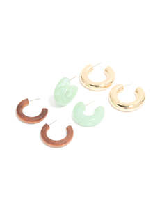Gold Brown & Green Open Hoop Earrings 3-Pack
