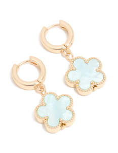 Blue: Gold Light Blue Flower Drop Huggie Earrings