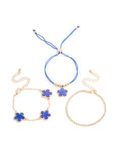Blue: Gold Cubic Zirconia Tennis & Dark Blue Cord Flower Bracelet 3-Pack