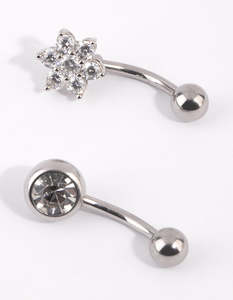 Belly Button Piercings: Surgical Steel Flower Diamante Belly Bar Set