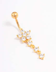 Gold Plated Surgical Steel Cubic Zirconia Trio & Flower Threadless Belly Bar