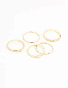 Cubic Zirconia: Gold Plated Cubic Zirconia & Plain Rings 5-Pack