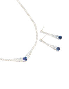 Silver Sapphire Blue Cubic Zirconia Graduating Pointed Earrings & Necklace Set