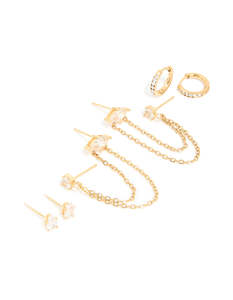 Waterproof Gold Plated Stainless Steel Cubic Zirconia Marquise Clicker & Studs 3-Pack