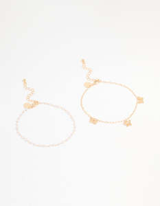 Anklets: Gold Pearl & Butterfly Anklets 2-Pack