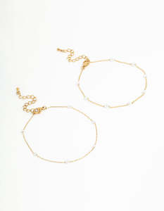 Waterproof Gold Plated Stainless Steel Station & Pearl Anklets 2-Pack