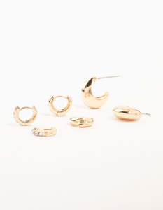 Ear Stacks: Gold Classic Plain & Diamante Hoop Earrings 3-Pack