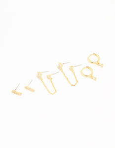 Gold Plated Brass Cubic Zirconia Chain & Stud Earrings 3-Pack