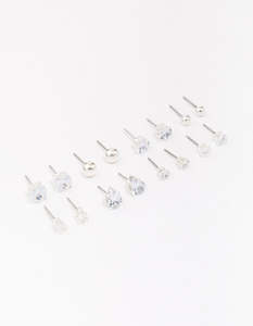 Silver Mixed Diamante Shape Earring 8-Pack