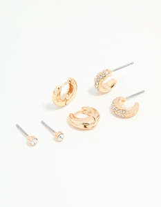 Gold Diamante Stud & Huggie Earrings 3-Pack
