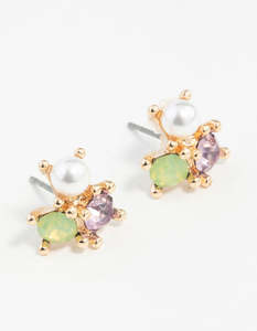 Multi: Gold Multi Stone Cluster Pearl Earrings