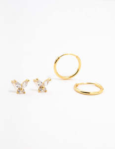 Gold Plated Sterling Silver Butterfly Studs And Hoop Earrings 2-Pack
