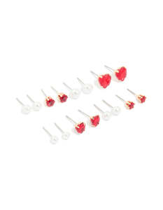 Red: Gold Red Diamante Heart & Pearl Earrings 8-Pack