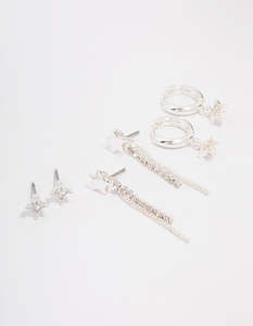 Star Earrings: Silver Plated Brass Star Chain Earring 3-Pack