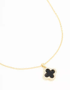 Gold Necklaces: Gold Plated Diamante Outline Black Flower Pendant Necklace