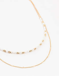 White: Gold Beaded Tab Chain Layered Necklace