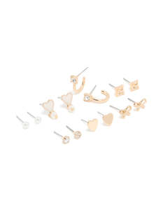 White: Gold Pearl & Heart Stud Earrings 7-Pack