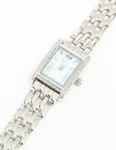 White: Silver Diamante Roman Numeral Rectangle Watch