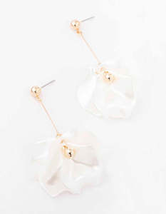 White: Gold White Pearlised Petal Drop Earrings