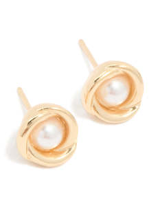 White: Gold Pearl Twisted Stud Earrings