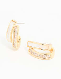 White: Gold Plated Cubic Zirconia & Mother Of Pearl Jacket Earrings