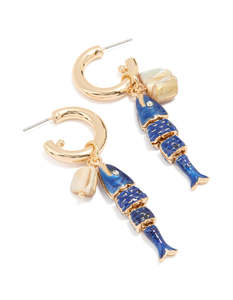 Blue: Gold Blue Fish Charm Hoop Earrings