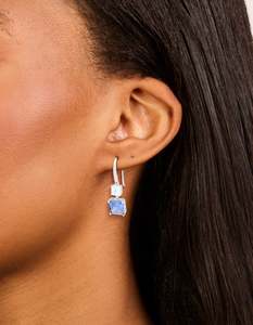 Blue: Silver Sapphire Cubic Zirconia Dainty Square Drop Earrings