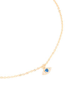 Blue: Gold Plated Brass Cubic Zirconia Pave Evil Eye Necklace