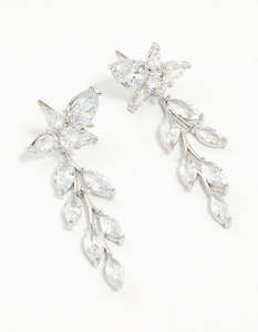 Cubic Zirconia Earrings: Silver Cubic Zirconia Leaf Flower Drop Earrings