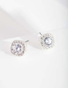 Cubic Zirconia Earrings: Silver Cubic Zirconia Vintage Pave Stud Earrings
