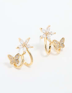 Gold Plated Cubic Zirconia Flower Butterfly Ear Jacket Earrings
