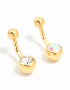 Cubic Zirconia: Gold Plated Titanium Cubic Zirconia Simple Belly Bars 2-Pack